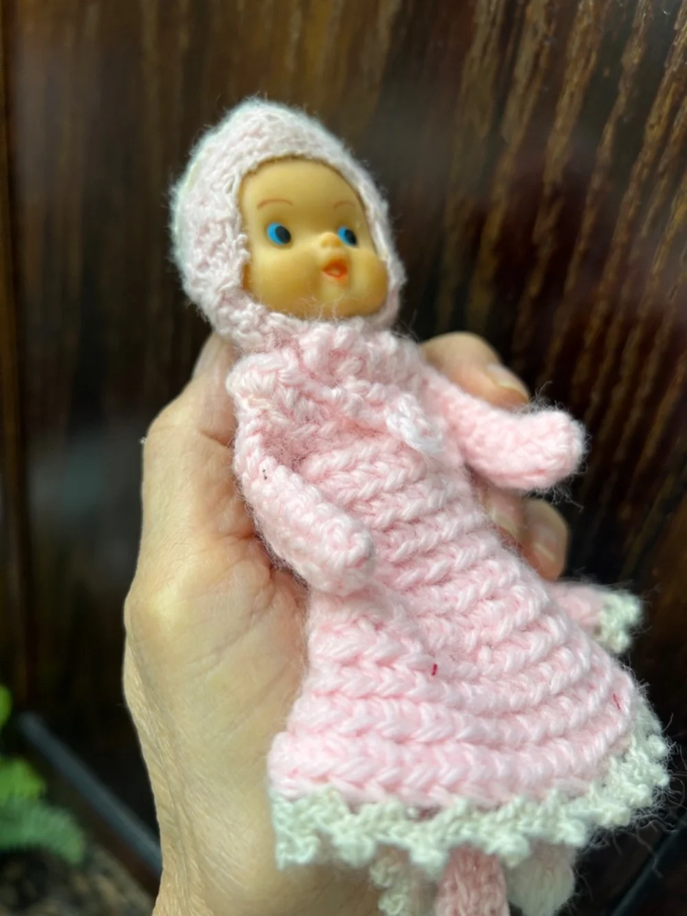 VTG Handmade Kewpie Blue Eyed Baby Doll Soft Vinyl Face Pink Crochet Kawaii 7